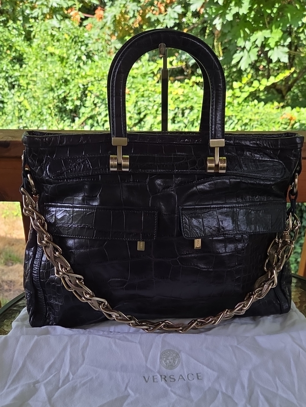 Versace Black Print Croco Leather Bag